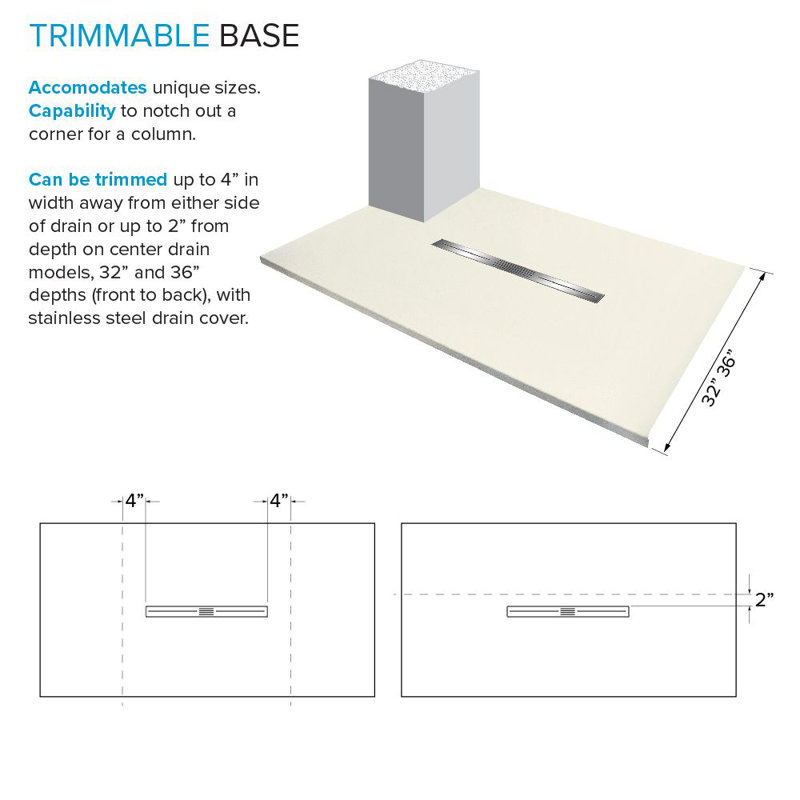Transolid Trimslate 42-in Shower Base with Adjustable Single Threshold and Center Drain, Cameo
