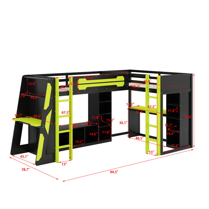 Twin Size Gaming Bed Frame With RGB LED Lights, Dual Twin Beds, USB Ports, TV Stand & Storage Shelves, Green
