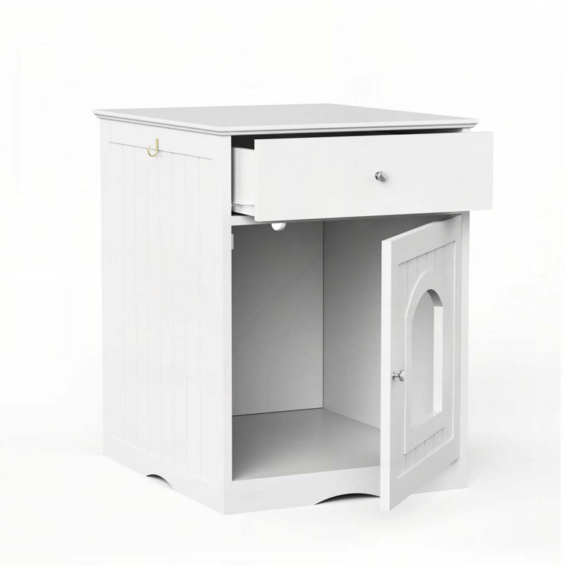 Enceinte en bois pour litière pour chat avec tiroir, table d'appoint, cage intérieure pour animal, table de chevet pour chat (blanc)