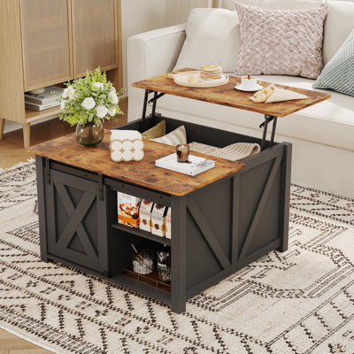 31.5" Farmhouse Lift Top Coffee Table, Square Center Table Sliding Barn Door, Hidden Storage & Adjustable Shelves, Black