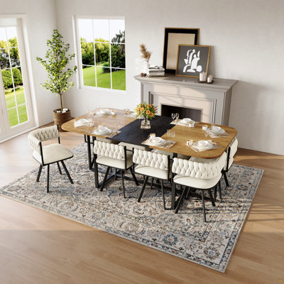 Ensemble de table de salle à manger 9 pièces 9 pièces, plateau de table fixe en grain de bois bicolore et triamine de grain de bois noir avec 8 chaises en velours beige, ensemble de table de cuisine moderne pour 8 personnes, idéal pour les réunions de famille