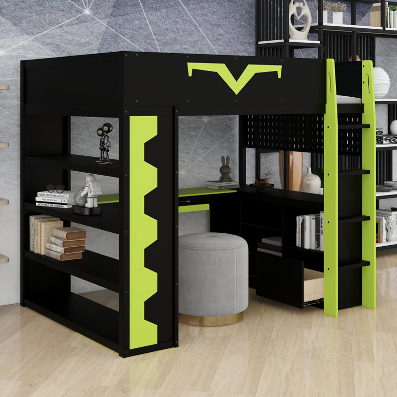 Advanced Gamer Bed With Loft Design, Integrated Desk,And Storage, Green