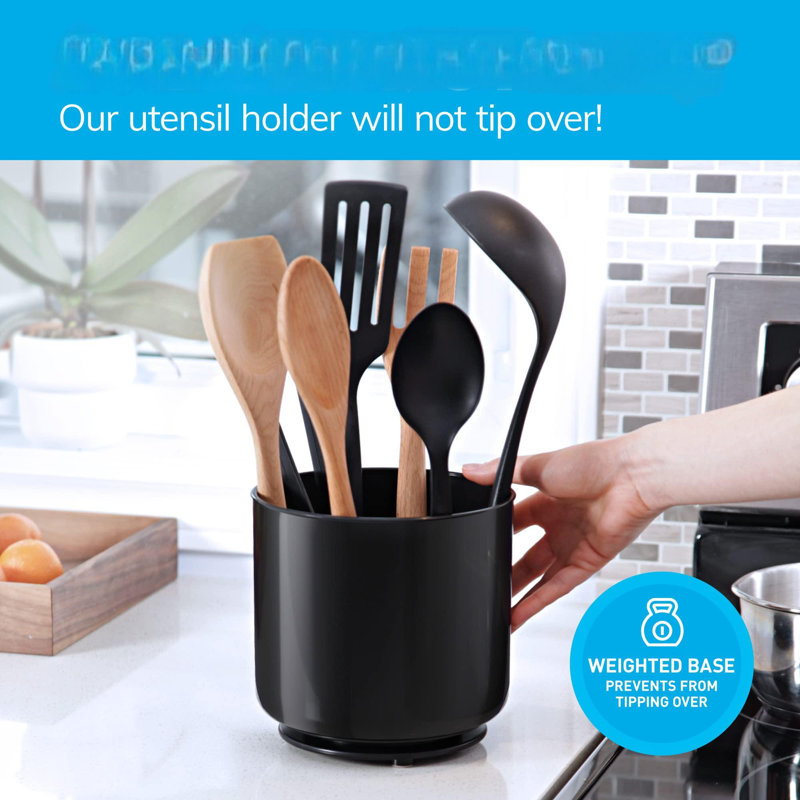 Black Rotating Utensil Caddy - Extra Large, Sturdy with No-Tip Weighted Base & Gripped Insert, Black