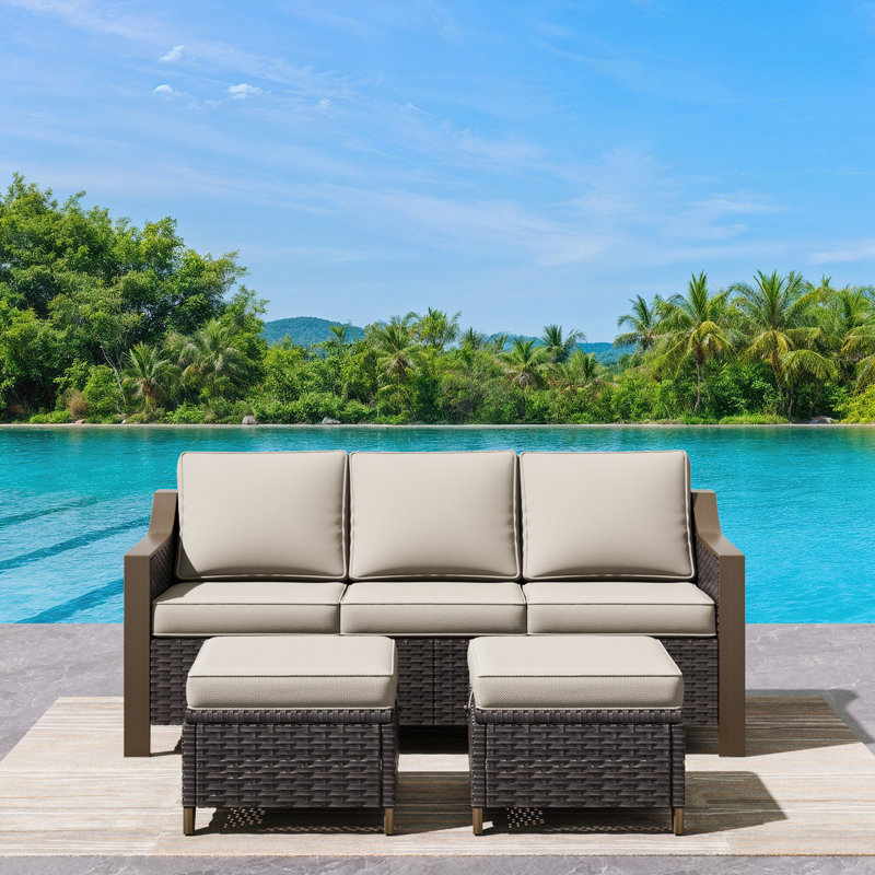 Three-seater Patio Wicker Sofa With Ottomans, Beige