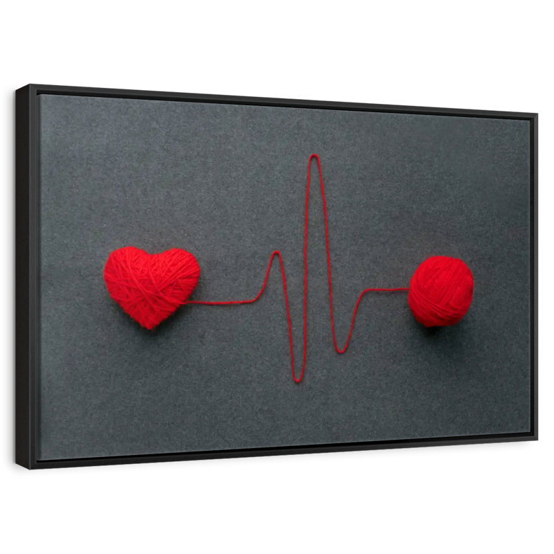 Red Wool Heart Line, Floating Frame Black, 43" X 29"