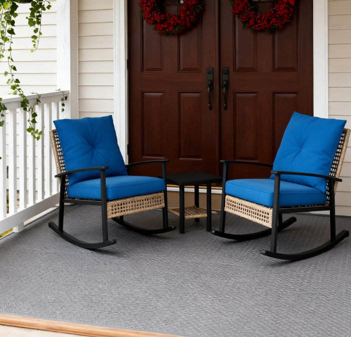 Button Tufted Cushions With Patio Furniture Set, Rattan Rocking Chairs, Coffee Table, Gray