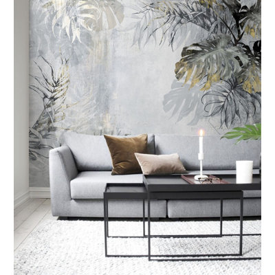 Grey Tropical Monstera Leaves Wall Mural | Botanical Jungle Wallpaper | Non-Woven or Peel and Stick