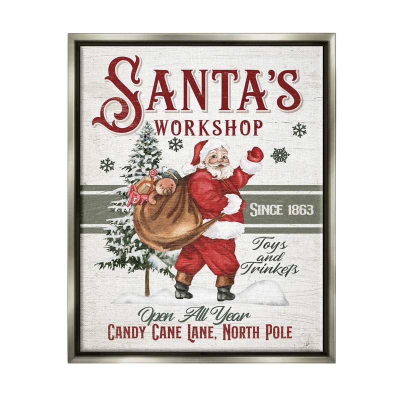 «Santa's Workshop Weathered Vintage Sign» par Jo Moulton - cadre flottant, impression sur toile, H 21 po x l 17 po x P 1,7 po