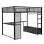 Lit mezzanine en métal pleine grandeur avec DEL, bureau, garde-robe ouverte et 3 tiroirs de rangement en lin