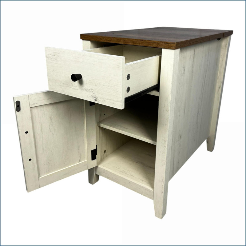 Table de chevet de ferme avec station de charge, porte de grange et amp; Tiroir, brun / blanc, Brun