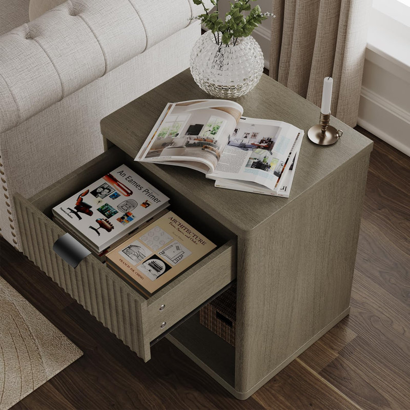 Table de chevet avec tiroir cannelé - Table de chevet moderne en bois de style Mid-Century pour chambre à coucher, salon, bureau - Table de bout élégante avec niche ouverte