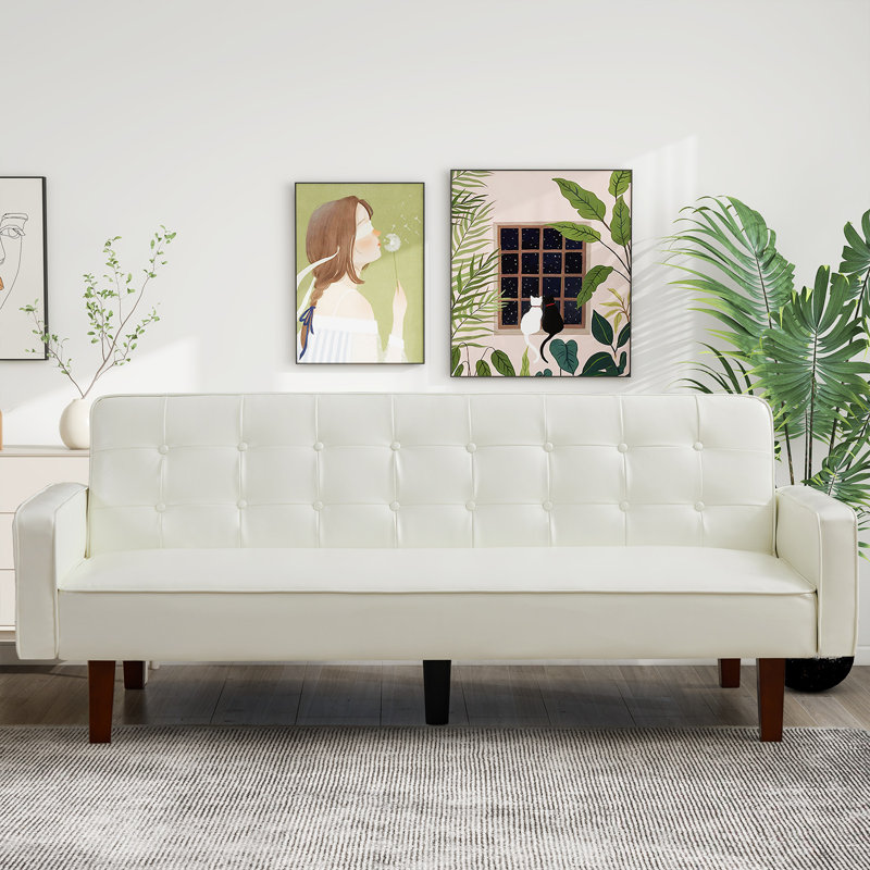 Whitherspoon Futon Sofa Bed, Memory Foam Futon Couch, PU Convertible Space-Saving Sleeper Sofa for Living Room, White