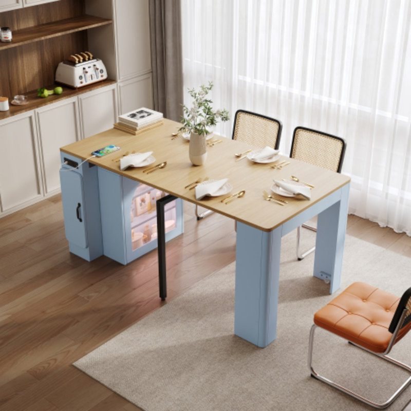 Extendable Dining Table With 3 Removable Leaves, Mobile Rolling Island Table With Power Outlet And Storage Cabinet, Blue