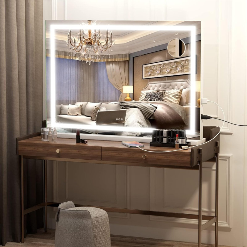 32" X 22" Square LED Lighted Makeup Vanity Mirror With 3 Dimmable Color Modes, Touch Screen Control, Wall Mounted Or Tabletop, White Finish