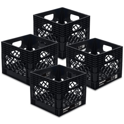  Storage Milk Crate, Plastic Organizer Box, 250lb Capacity, Black, 4 Pack