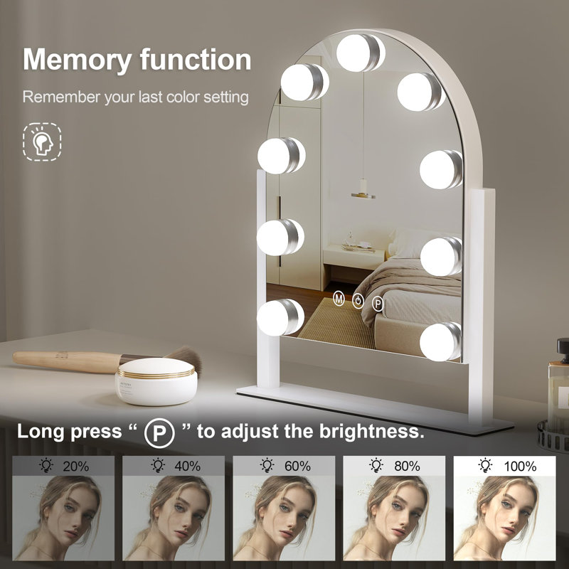 Vanity Mirror With Lights, 14''X12'' Arched Makeup Mirror With 3 Color Modes And 9 Dimmable Bulbs, Desk Vanity Mirror With Memory, (White)