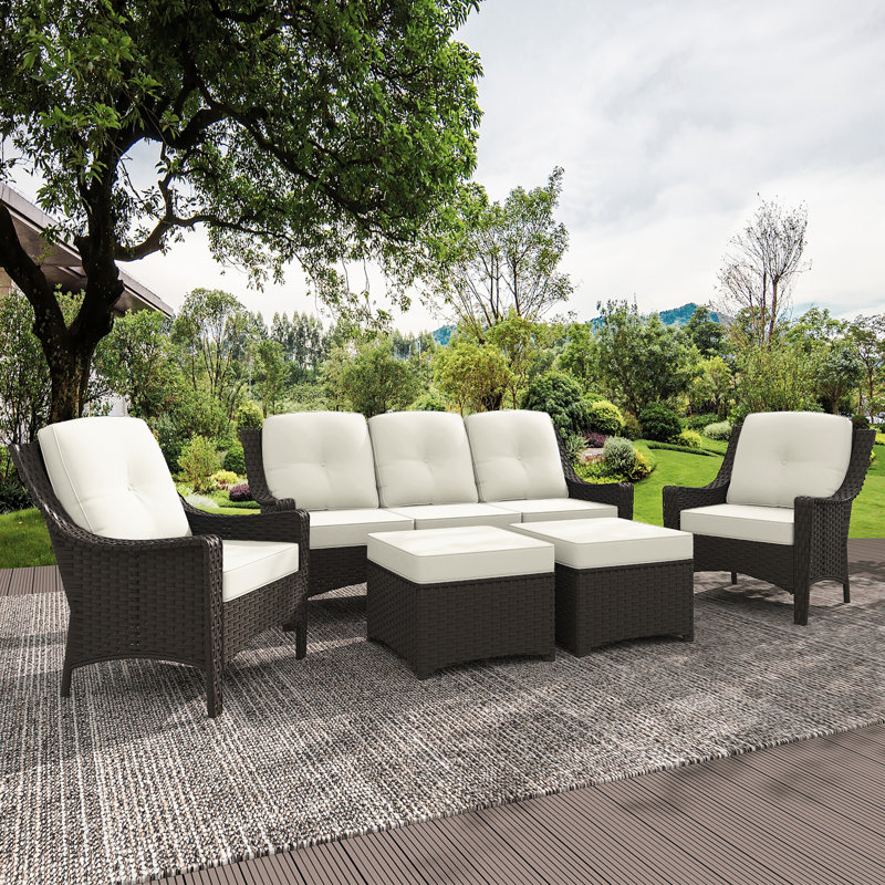 5 Pieces Patio Furniture Set, Brown Wicker Outdoor Conversation Sets with Comfortable Removable Washable Cushions & Ottoman