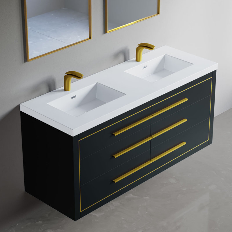 Meuble-lavabo mural double 61 po avec surface solide 61 po, Gris anthracite, Laiton