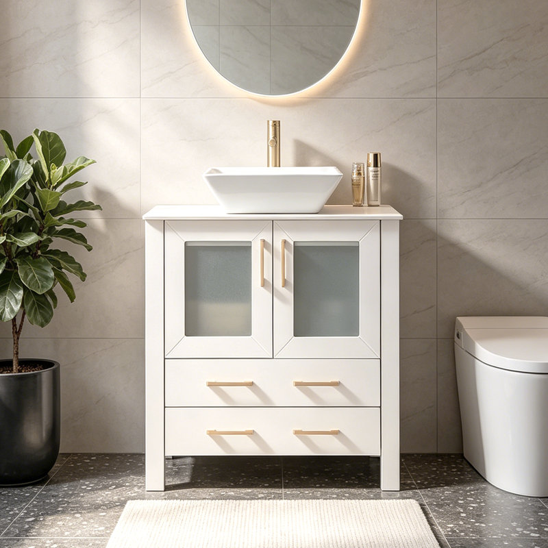 30" Vessel Modern White Free-Standing Single Bathroom Vanity With Ceramic Top