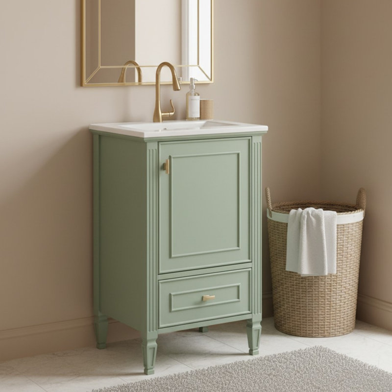 Ensemble de meuble-lavabo simple 20 po avec plateau en céramique, Vert, Doré