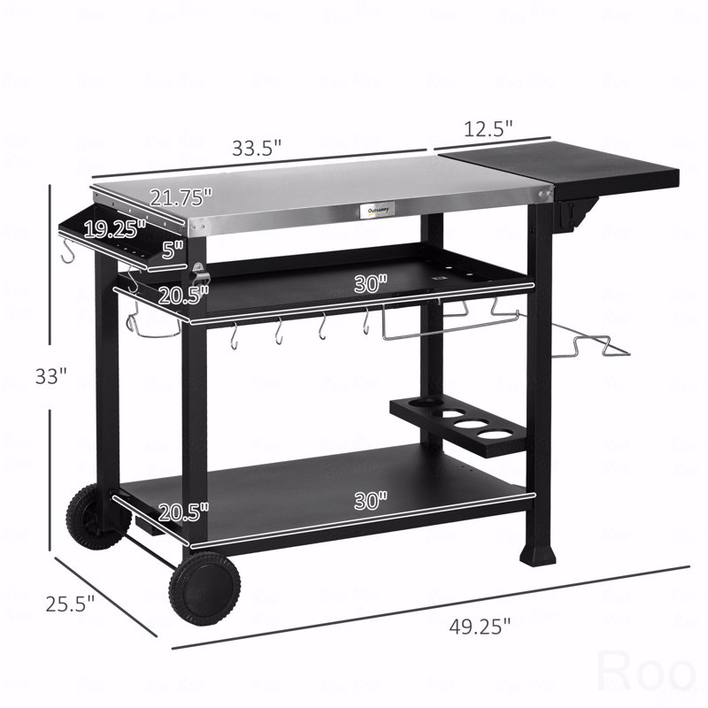 Chariot de préparation pour barbecue d'extérieur avec table d'appoint pliable en acier inoxydable, station de barbecue mobile multifonctionnelle avec crochets de rangement et porte-bouteilles