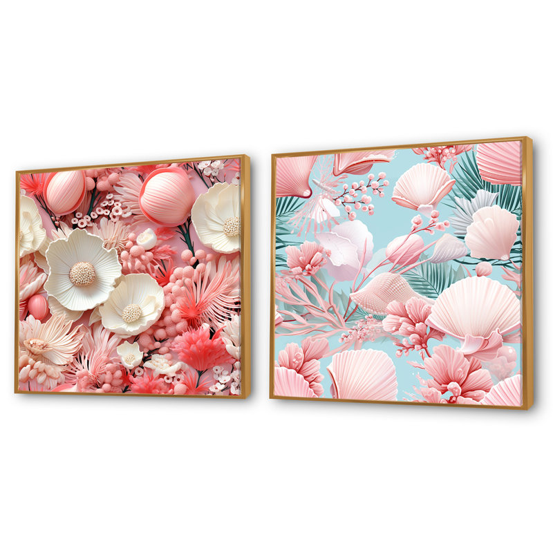 Seashell - motif tropical oasis - ensemble de 2 collages carrés abstraits, Cadre flottant doré, H 30 po x l 61 po
