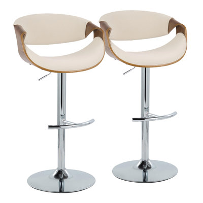 Mid-Century Modern Adjustable Barstool With Swivel In Black Metal, Walnut Wood And Blue Fabric With Rounded T Footrest By  - Set Of 2