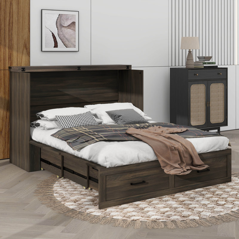 Armoire murale escamotable avec plaque de charge intégrée, lit pliable polyvalent avec 1 grand tiroir de rangement, Grand lit