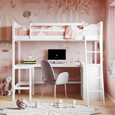 Lit mezzanine simple avec tablettes et bureau, lit mezzanine en bois avec bureau