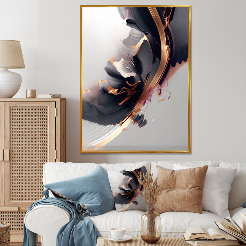 " Rosegold Black Transcending Complexity I ", 32" H x 24" W x 1" D, Gold Floater Framed Canvas