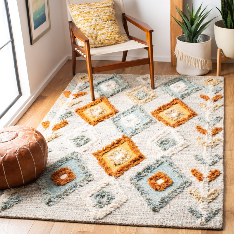 Tapis gris / bleu clair en laine touffeté à la main Macy, Rectangle 6 pi x 9 pi