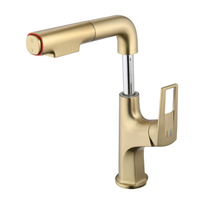 Brushed Gold Pull-Down Vessel Faucet - Single Hole Bathroom Sink Faucet with Retractable Hose