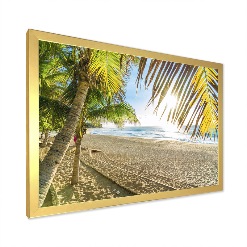 " Tropical Beach With Palm Leaves ", Gold Closed Corner Framed, 24" H x 32" W