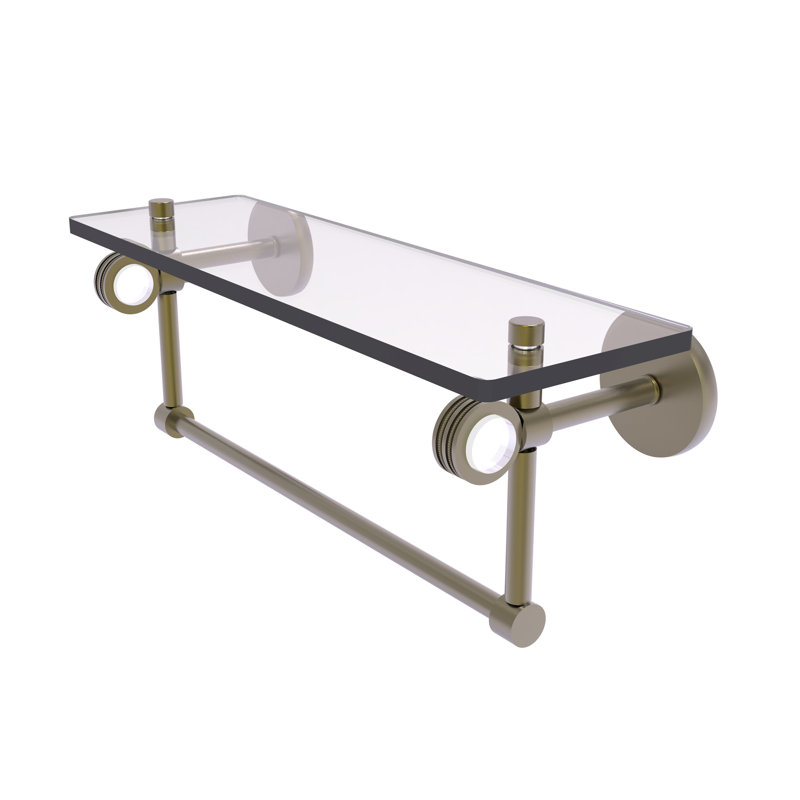 Margolis Glass Bracket Shelf with Towel Bar, Antique Brass, 6.2" H x 16" W x 5.65" D