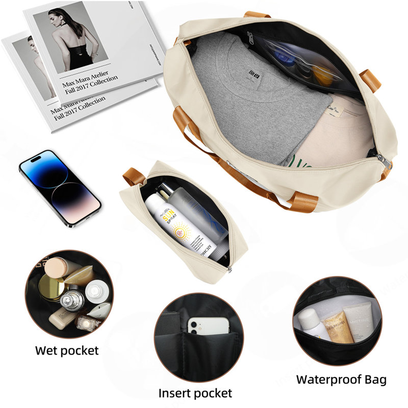 Ensembles de bagages 5 pièces avec sacs de voyage, valises rigides extensibles avec roulettes, crème