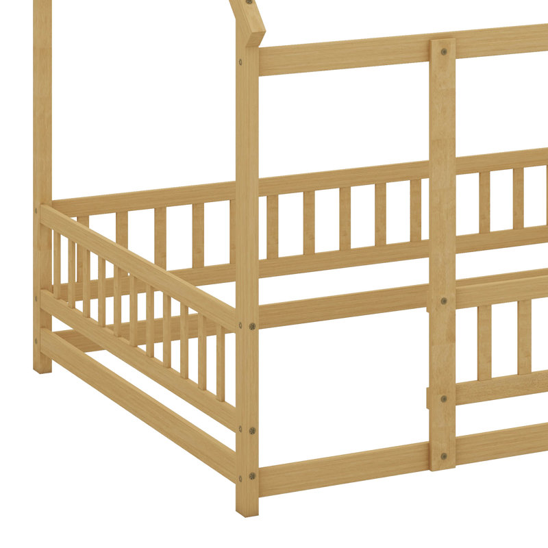 Lit double en bois pleine grandeur, lit maison avec structure de toit, Naturel, Double