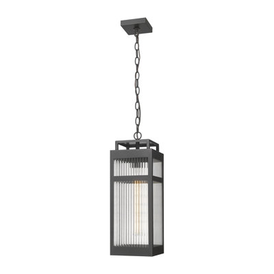 Ridgeway 7" 1-Light Matte Black Coastal Outdoor Pendant With Striped Clear Glass
