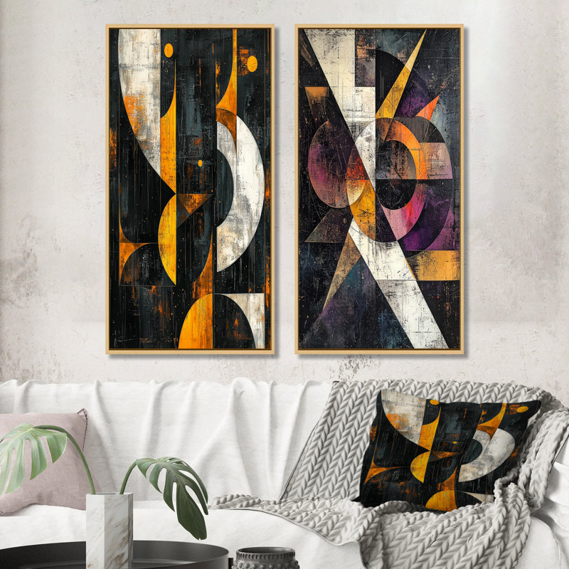 «Yellow Fragment Abstract Shapes I», ensemble de 2 reproductions d'art abstrait, H 40 po x l 40 po, Cadre flottant érable