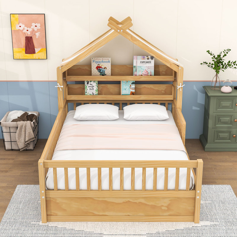 Wood House Bed with Storage Headboard, Natural, Full