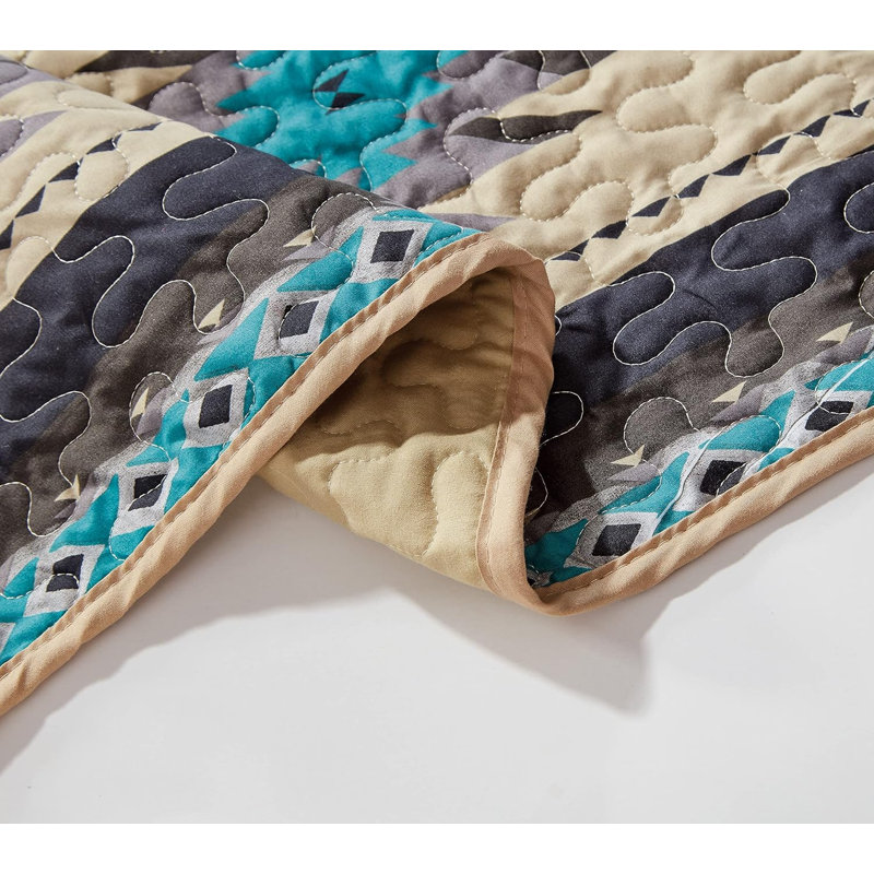  Lightweight Southwestern Geometric Tribal Aztec Quilt Set, Full Quilt + 2 Standard Shams, Teal/Beige/Black/Gray