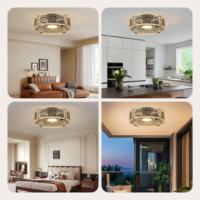  20-Inch Low-Ceiling Cage Ceiling Fan with LED Light, Natural Rattan Light Walnut, Light Walnut