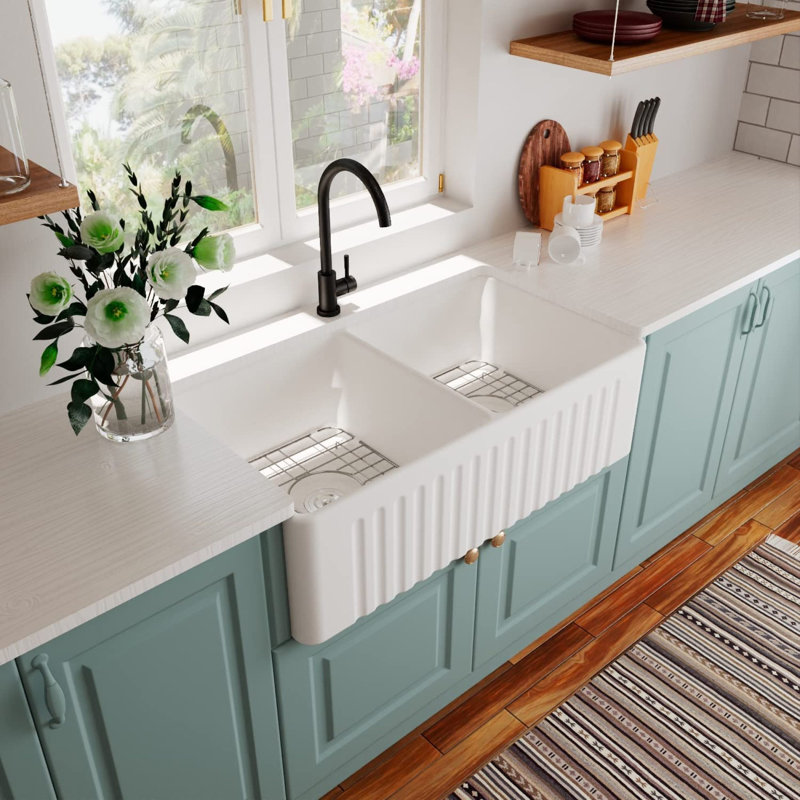 Évier de cuisine en argile réfractaire durable, double cuve blanche, style rustique