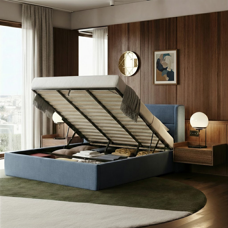 Lit plateforme tapissier avec rangement Gaillarde, Bleu brume grisâtre, Très grand