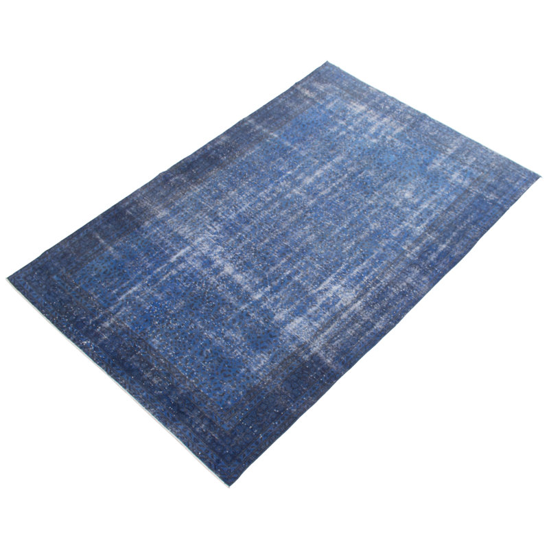 Tapis unique en laine noué à la main bleu marine / noir nouvel âge 6 pi 8 po x 9 pi 11 po Onondaga
