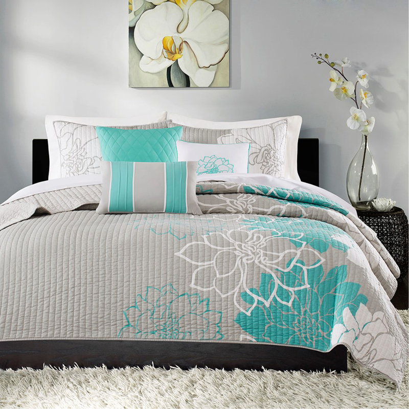 Ensemble de courtepointe en coton imprimé 6 pièces avec coussins Aqua King / Cal King, Motif floral turquoise