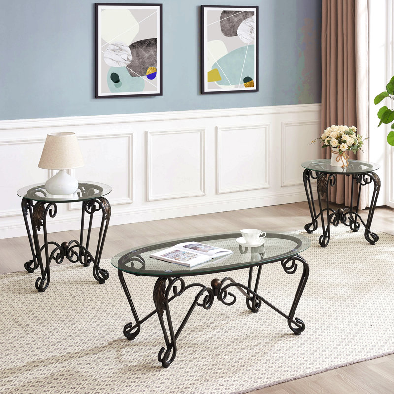 Ensemble de 3 tables basses en verre trempé, table basse décorative elliptique avec tables d'appoint rondes, table basse de chambre à coucher avec fabrication robuste pour le salon
