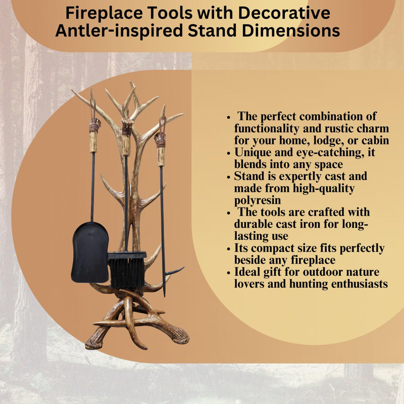 Outils décoratifs pour foyer à bois de cerf (ensemble de 3 pièces) avec support - brosse, pelle