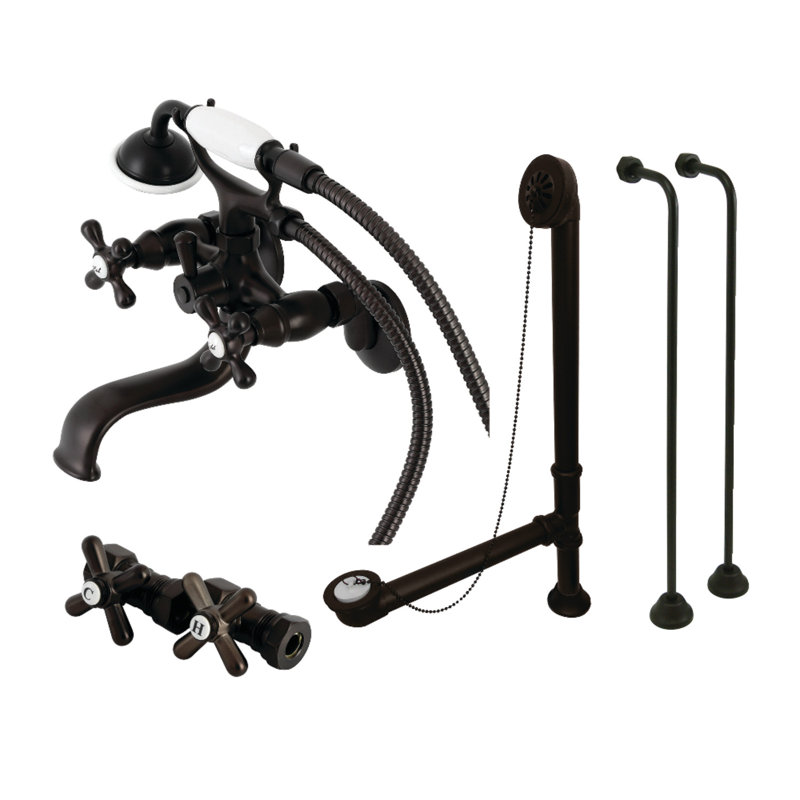 Kingston Brass Vintage Three-Handle 2-Hole Tub Wall Mount Clawfoot Tub Faucet Package with Supply Line, Hand Shower and Tub Drain