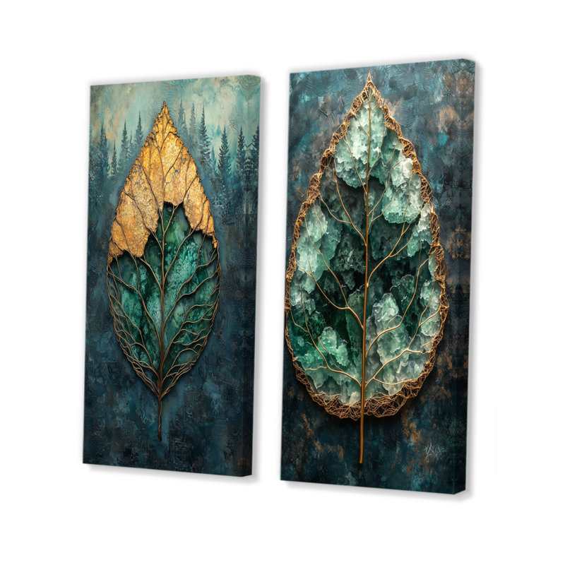 Feuilles d'émeraude modernes Enery Of The Forest I - Art mural floral, collection 2 panneaux, 28" H x 25" W, Toile tendue