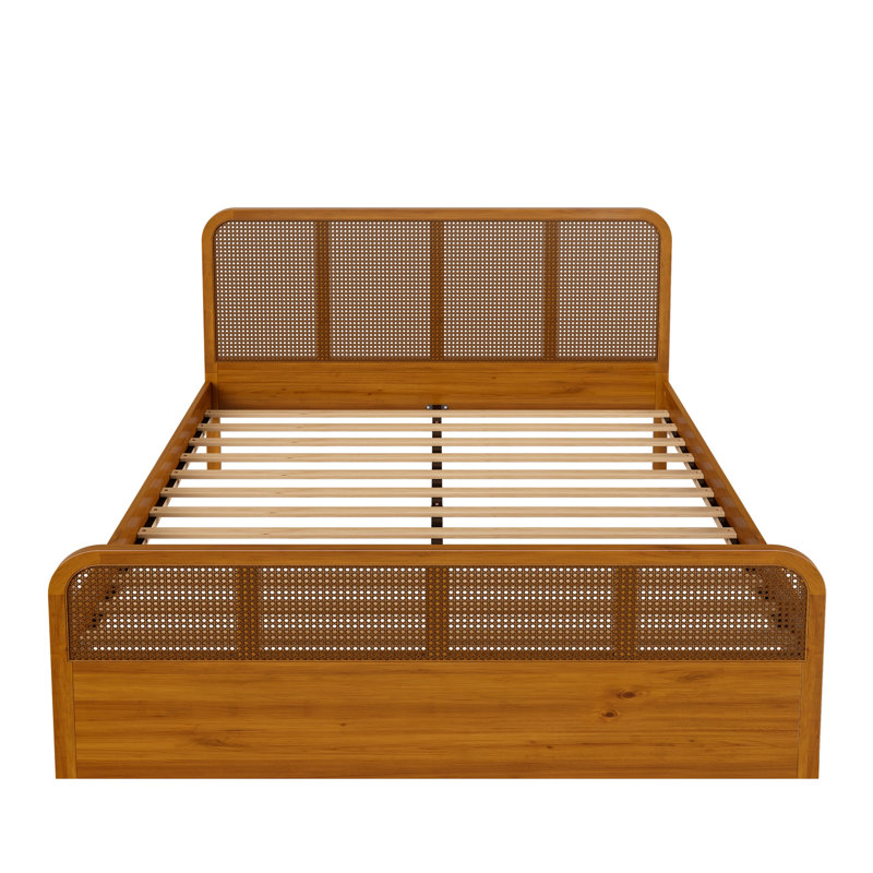 Modern Rattan Platform Bed Frame with Cane Headboard & Footboard, Solid Wood Bed with Natural Woven Panels, Mid-Century Modern Bed Frame for Bedroom